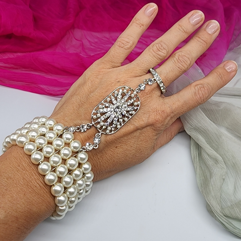 Jablonex Czech Crystalc Faux Pearls Cocktail Silver Bracelet Connected Ring